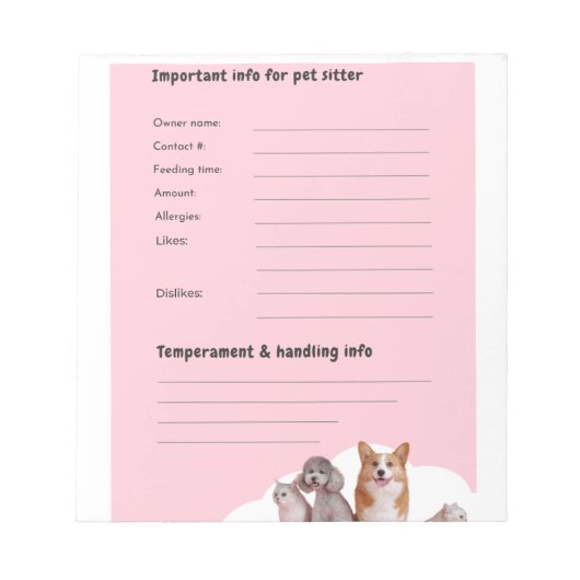 Pink Pet Sitting Aufnahme Notepad Notizblock (Vorderseite)
