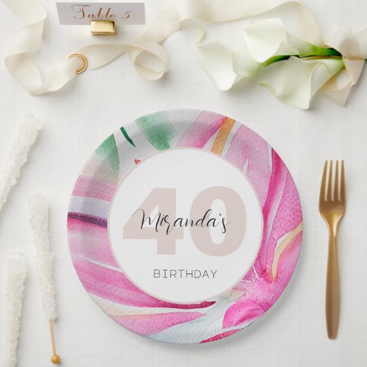 Pink Petal Floral Wasserfarbe Mit Monogramm Pappteller (Hochzeit)