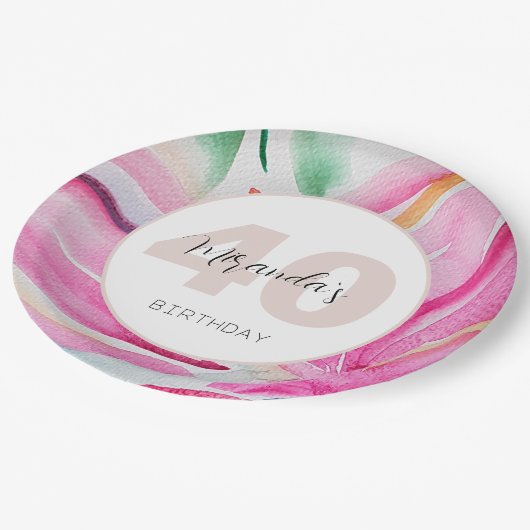 Pink Petal Floral Wasserfarbe Mit Monogramm Pappteller (Schrägansicht)