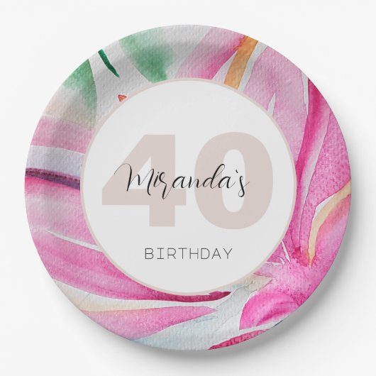 Pink Petal Floral Wasserfarbe Mit Monogramm Pappteller (Vorderseite)