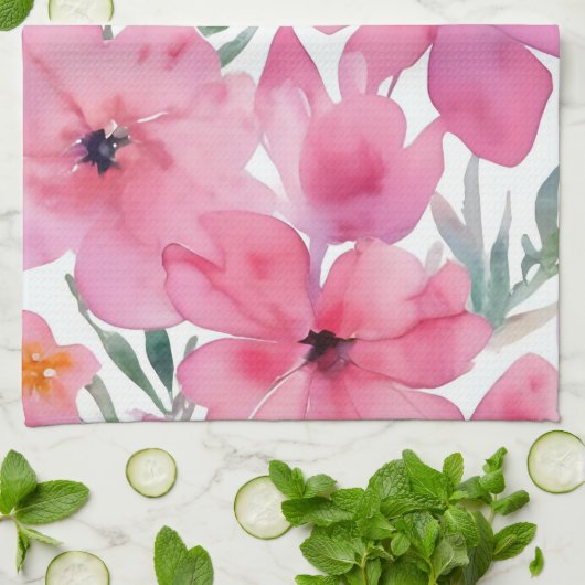 Pink Petals | Watercolor Floral Painted Flowers Geschirrtuch (Gefaltet)