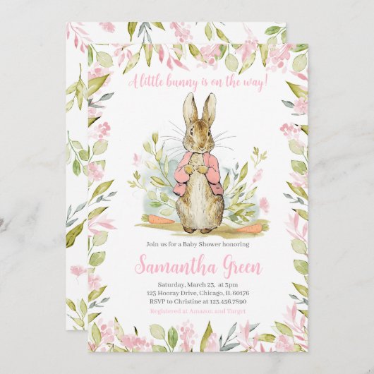 Pink Peter Rabbit Baby Dusche Einladung (Vorne/Hinten)