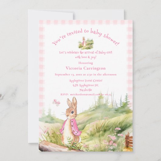 Pink Peter Rabbit Baby Girl Babydusche Einladung (Vorderseite)