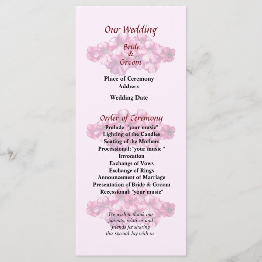 Pink Petunias Hochzeitsprogramm Programm (Vorderseite)