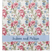 Pink Petunias und Sky Blue Daisies - Polka Dots Duschvorhang (Vorderseite)