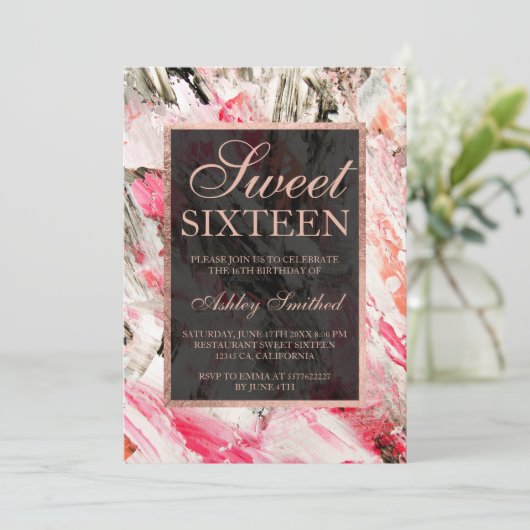 Pink pfirsichfarbene Rose goldfarbene Pinselstrich Einladung (Stehend Vorderseite)