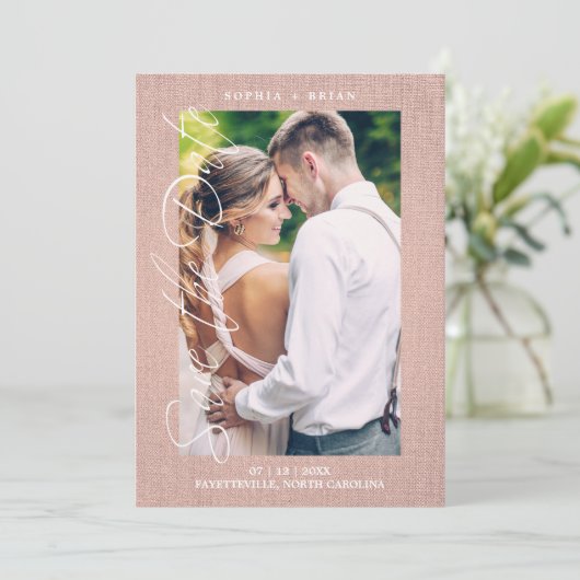 Pink Photo Engaged Couple Textile Effect Script Save The Date (Stehend Vorderseite)