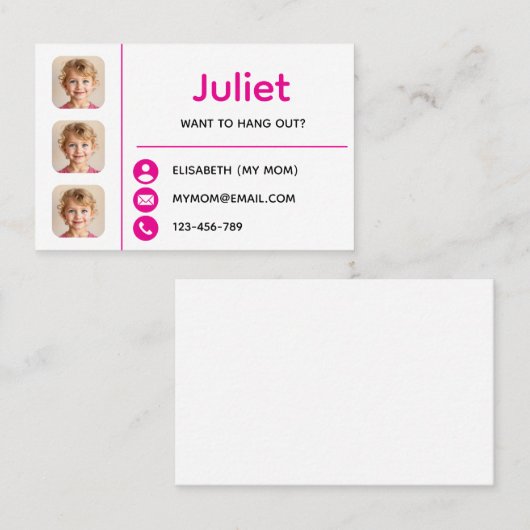 Pink Photo Kids Playdate Card Visitenkarte (Vorne/Hinten)
