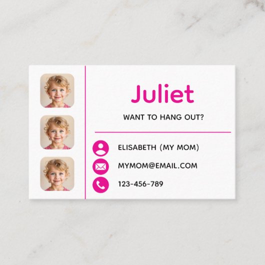 Pink Photo Kids Playdate Card Visitenkarte (Vorderseite)