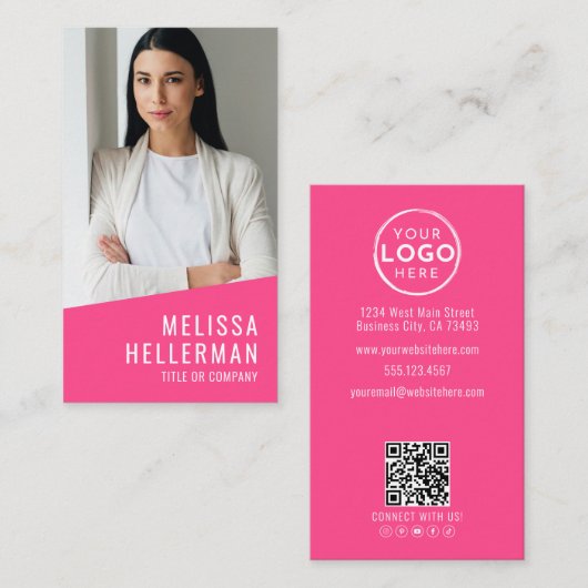 Pink Photo QR Code Logo Vertical Visitenkarte (Vorne/Hinten)