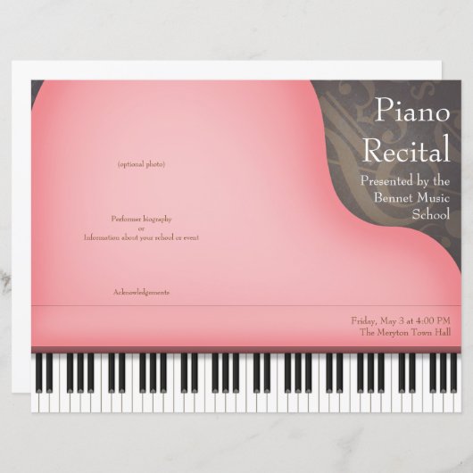 Pink Piano Folded Piano or Vocal Recital Program (Vorne/Hinten)