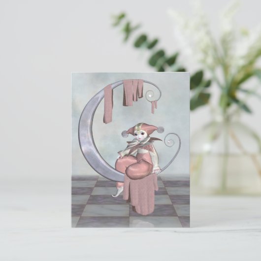 Pink Pierrot Clown-Puppe auf einem Silbermond Postkarte (Stehend Vorderseite)
