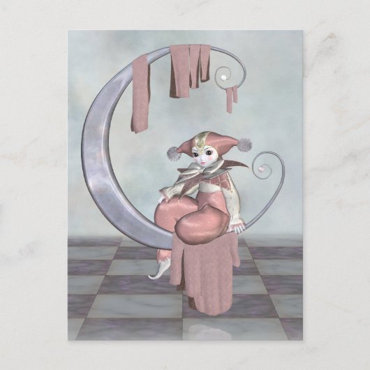 Pink Pierrot Clown-Puppe auf einem Silbermond Postkarte (Vorderseite)