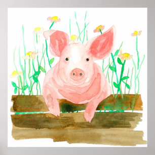 Pink Pig auf einem Zaun Barnyard Farm Tier Poster