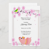 Pink Pig Cherry Blossom Babydusche Einladung (Vorne/Hinten)