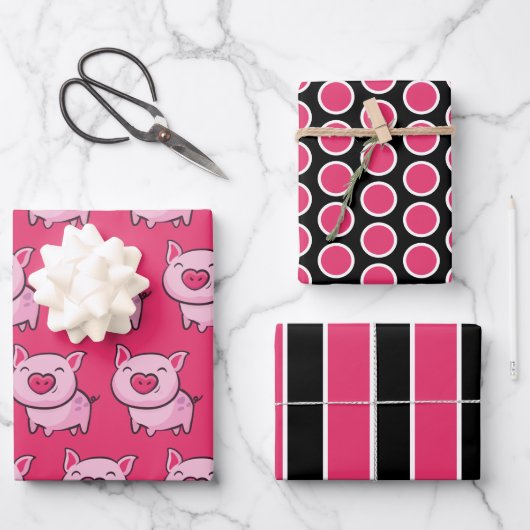 Pink Pig Dots & Stripes Wrapping Paper Sheet Set Geschenkpapier Set (Vorderseite)