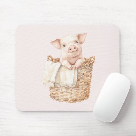 Pink Pig in a Basket Mousepad (Mit Mouse)