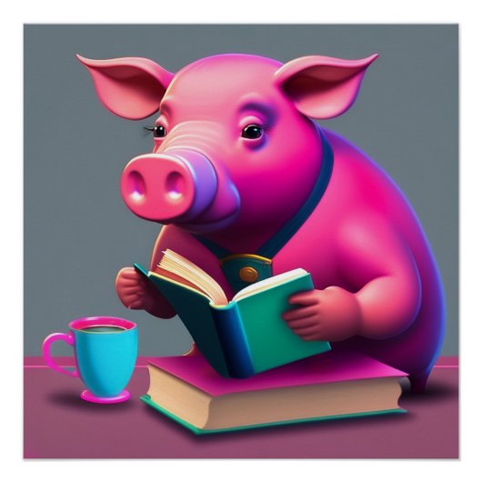 Pink Pig Lesen eines Buchplakats Poster (Vorderseite)