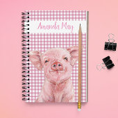 Pink Pig Watercolor Gingham Kariert Monogram Notizblock