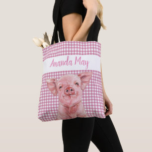 Pink Pig Watercolor Gingham Kariert Monogram Tasche