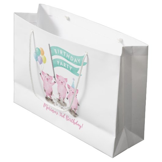 Pink Piggys Kindergeburtstag Bag Große Geschenktüte (Vorderseite Schrägansicht)