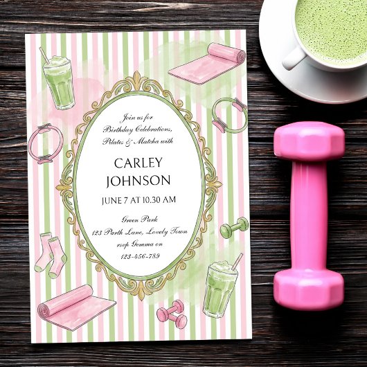 Pink Pilates und Matcha Geburtstagsfeier Einladung