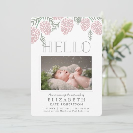 Pink Pine Cone Weißes Foto Geburtsankündigung Einladung (Stehend Vorderseite)