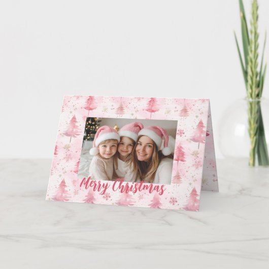 Pink Pine Trees Foto Weihnachtskarte Karte (Vorderseite)