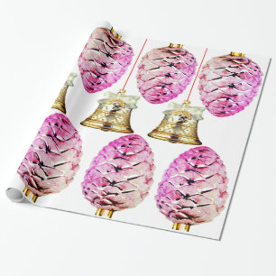 Pink Pinecones and Bells Wrapping Paper Geschenkpapier