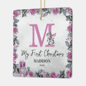 Pink Pinguin Monogram Baby Stats Erste Weihnachten Keramikornament (Links)