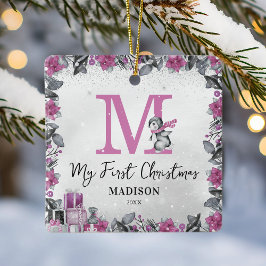 Pink Pinguin Monogram Baby Stats Erste Weihnachten Keramikornament