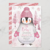 Pink Pinguin Strickhut Snowflakes Baby Dusche Einladung (Vorne/Hinten)