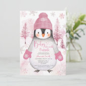 Pink Pinguin Strickhut Snowflakes Baby Dusche Einladung (Stehend Vorderseite)