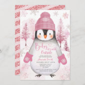 Pink Pinguin Strickhut Snowflakes Baby Dusche Einladung (Vorne/Hinten)