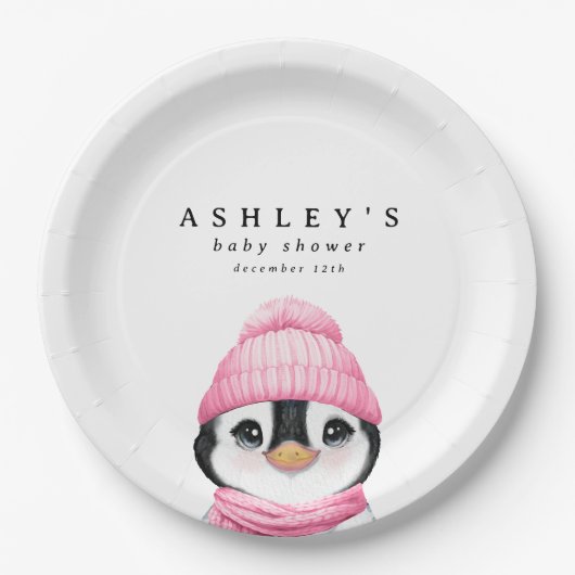 Pink Pinguin Winter Baby Dusche Pappteller (Vorderseite)