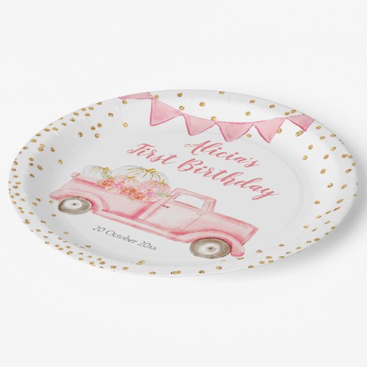 Pink Pink Pumpkin Truck Papier Party Plättchen Pappteller (Schrägansicht)
