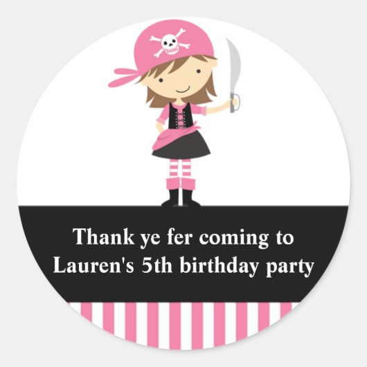 Pink Pirate Girl Birthday Stickers (Vorderseite)