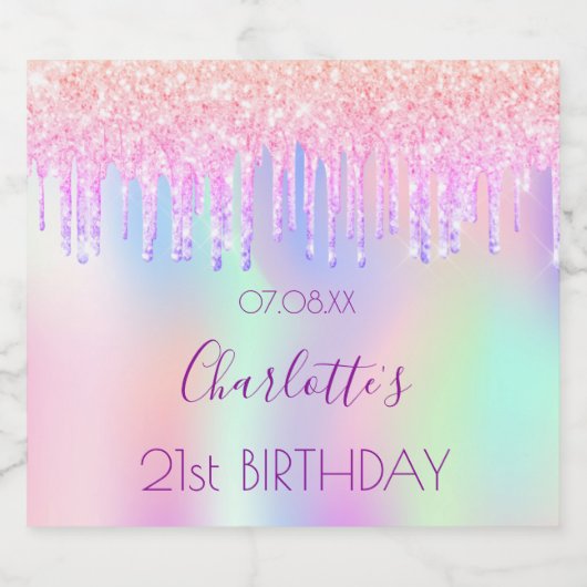 Pink pirple holografische Glitzer Tropfen Geburtst Schaumweinetikett (Einzelnes Label)