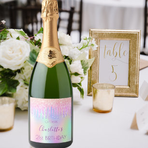 Pink pirple holografische Glitzer Tropfen Geburtst Schaumweinetikett