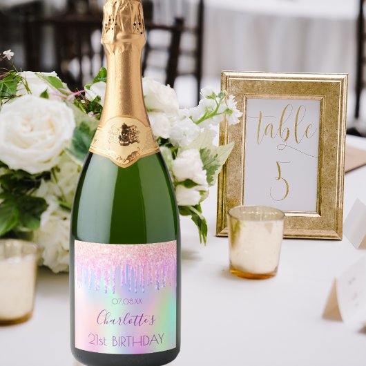 Pink pirple holografische Glitzer Tropfen Geburtst Schaumweinetikett