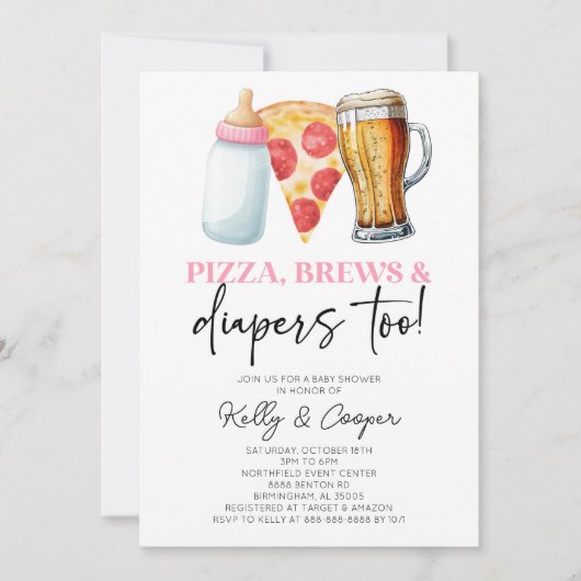 Pink Pizza Brews and Diapers auch! Babyparty Einladung (Vorderseite)