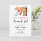 Pink Pizza Brews and Diapers auch! Babyparty Einladung (Stehend Vorderseite)