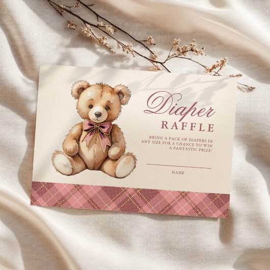 Pink Plaid Bear Baby Shower Diaper Raffle Begleitkarte