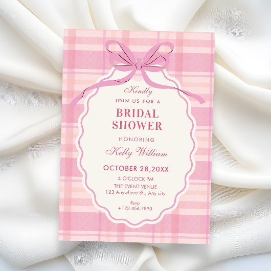 Pink plaid bow bridal shower einladung