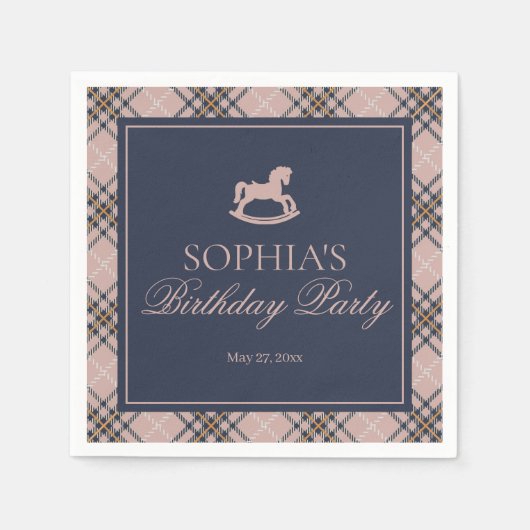 Pink Plaid Classic Rocking Horse Birthday Party Serviette (Vorderseite)