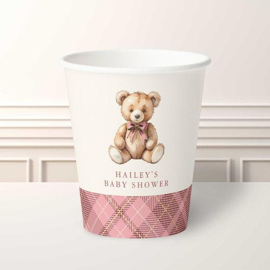 Pink Plaid Classic Teddy Bear Baby Shower Pappbecher