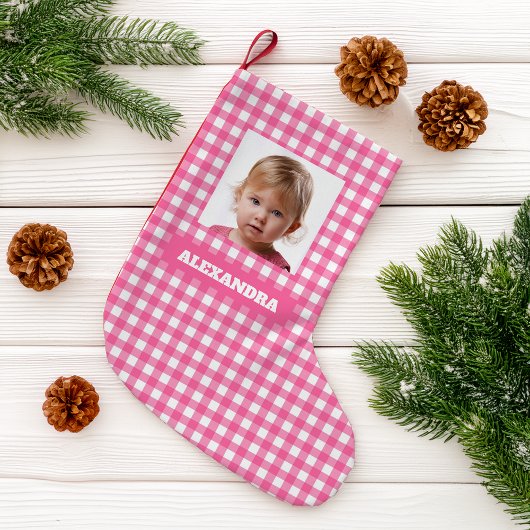 Pink Plaid Girl Photo & Name Rustic Gingham Checks Kleiner Weihnachtsstrumpf