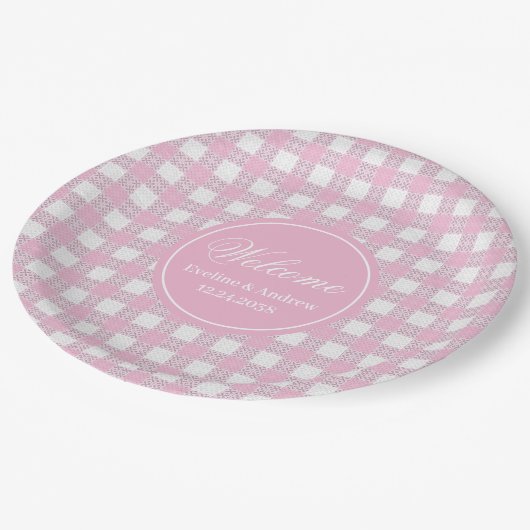 Pink Plaid Paper Plates Elegant Wedding Party Pappteller (Schrägansicht)