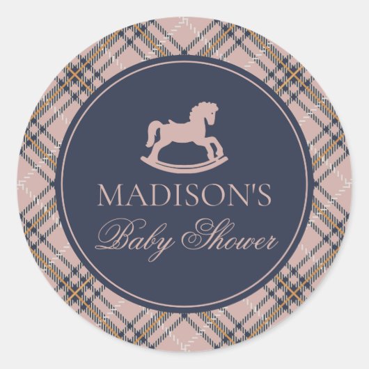 Pink Plaid Rocking Horse Baby Shower Envelope Seal Runder Aufkleber (Vorderseite)