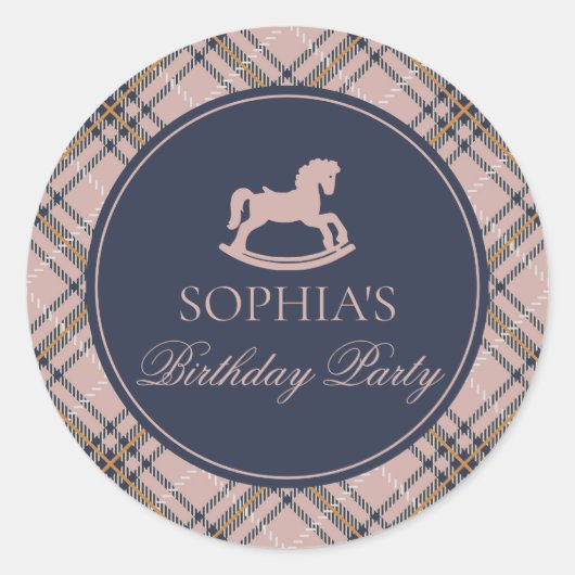 Pink Plaid Rocking Horse Birthday Envelope Seal Runder Aufkleber (Vorderseite)